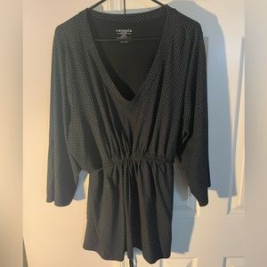 Navy w/white polka dot Lane Bryant V neck blouse w/waist tie. Size 22/24